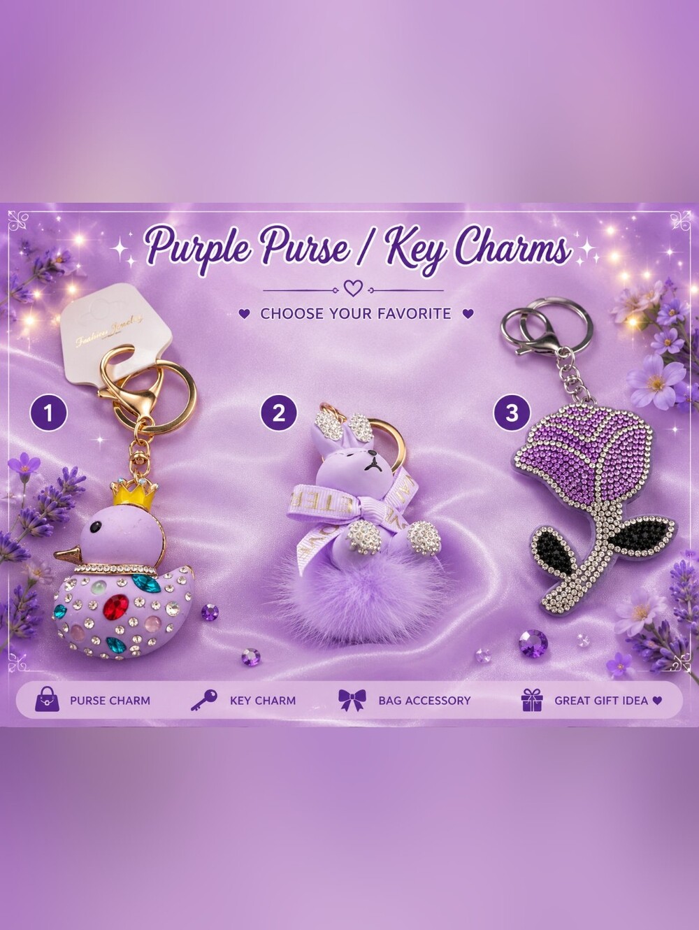 Purple Purse & Key Charms | Bunny • Crown Duck • Rhinestone Rose | Bag Acces